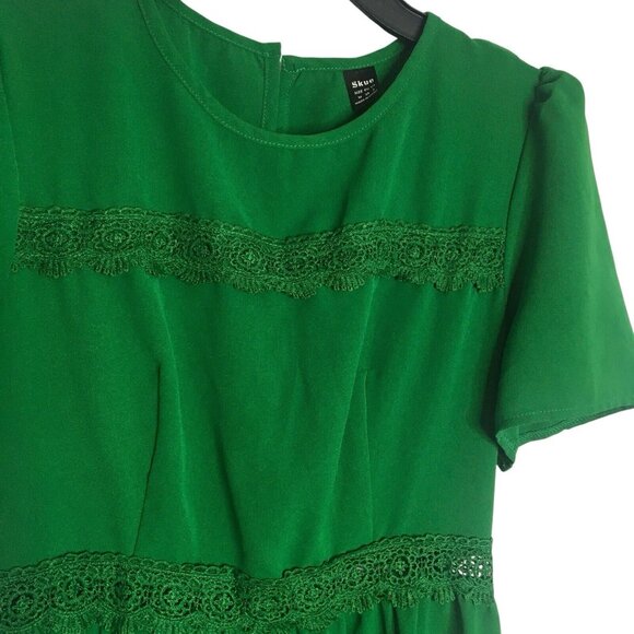 Women's Puff Sleeve Midi Dress Green Lace Insert Ruffle Hem Sz Medium 6 - Picture 2 of 16